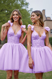 A Line Lilac Corset Tulle Short Prom Dress with Appliques