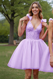 A Line Lilac Corset Tulle Short Prom Dress with Appliques