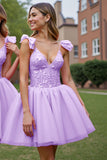 A Line Lilac Corset Tulle Short Prom Dress with Appliques