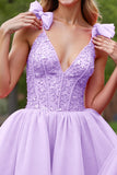 A Line Lilac Corset Tulle Short Prom Dress with Appliques