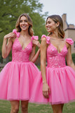 A Line Lilac Corset Tulle Short Prom Dress with Appliques