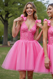 A Line Lilac Corset Tulle Short Prom Dress with Appliques
