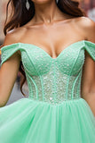 Sparkly Corset Mint Green Tulle Beaded Short Prom Dress