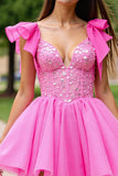 Sparkly Pink Corset Tulle Short Prom Dress with Sequins