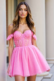 A Line Pink Corset Ruffled Short Tulle Prom Dress with Lace