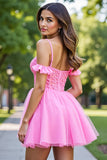 A Line Pink Corset Ruffled Short Tulle Prom Dress with Lace
