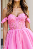 A Line Pink Corset Ruffled Short Tulle Prom Dress with Lace