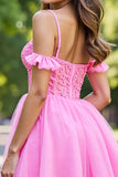 A Line Pink Corset Ruffled Short Tulle Prom Dress with Lace