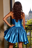 Metallic Blue A Line Strapless Short Prom Dress