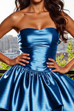 Metallic Blue A Line Strapless Short Prom Dress