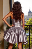 Metallic Blue A Line Strapless Short Prom Dress