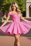 A Line Pink Corset Cold Shoulder Short Prom Dress with Lace