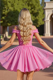 A Line Pink Corset Cold Shoulder Short Prom Dress with Lace