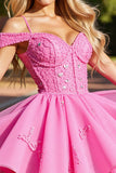 A Line Pink Corset Cold Shoulder Short Prom Dress with Lace