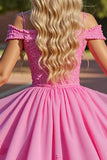 A Line Pink Corset Cold Shoulder Short Prom Dress with Lace