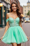 Mint Green A Line Cold Shoulder Short Prom Dress with Lace