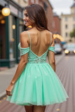 Mint Green A Line Cold Shoulder Short Prom Dress with Lace
