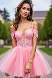 Blush Corset Tulle Short Prom Dress with Detachable Sleeves