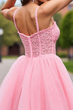 Blush Corset Tulle Short Prom Dress with Detachable Sleeves