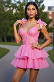 Glitter Pink Corset Short Tiered A Line Prom Dress with Lace