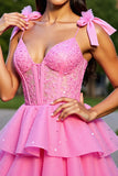 Glitter Pink Corset Short Tiered A Line Prom Dress with Lace