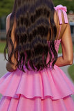 Glitter Pink Corset Short Tiered A Line Prom Dress with Lace