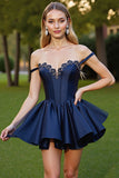 Navy Corset Short Satin Prom Dress with Applique