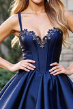 Navy Corset Short Satin Prom Dress with Applique