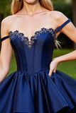 Navy Corset Short Satin Prom Dress with Applique
