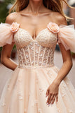 Champagne Floral Corset Ruffled Short Prom Dress with Lace