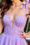 Lavender Tulle Corset Short A Line Prom Dress with Lace
