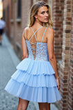 Tulle Tiered Sky Blue Corset Short Prom Dress with Lace