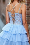Tulle Tiered Sky Blue Corset Short Prom Dress with Lace