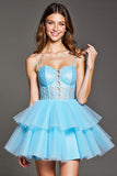 Sky Blue Tulle Corset Tiered Short Prom Dress with Lace