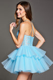 Sky Blue Tulle Corset Tiered Short Prom Dress with Lace