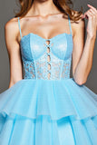 Sky Blue Tulle Corset Tiered Short Prom Dress with Lace