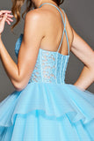 Sky Blue Tulle Corset Tiered Short Prom Dress with Lace