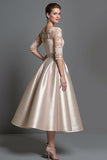 Apricot Satin Illusion Neck A Line Midi Mother of the Bride Dress with Lace