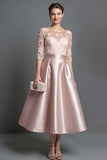 Apricot Satin Illusion Neck A Line Midi Mother of the Bride Dress with Lace