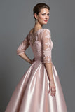 Apricot Satin Illusion Neck A Line Midi Mother of the Bride Dress with Lace