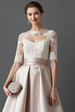 Apricot A Line Half Sleeves Satin Midi Mother of the Bride Dress with Lace