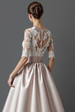 Apricot A Line Half Sleeves Satin Midi Mother of the Bride Dress with Lace
