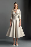 Apricot V-Neck Midi Satin A Line Mother of the Bride Dress