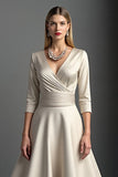Apricot V-Neck Midi Satin A Line Mother of the Bride Dress