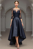 A Line Navy High Low Satin Mother of the Bride Dress with Lace