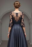 A Line Navy High Low Satin Mother of the Bride Dress with Lace