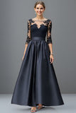 Satin Navy A Line Maxi Mother of the Bride Dress with Lace