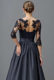 Satin Navy A Line Maxi Mother of the Bride Dress with Lace