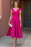 Fuchsia Satin V-Neck Midi A Line Mother of the Bride Dress