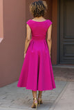 Fuchsia Satin V-Neck Midi A Line Mother of the Bride Dress